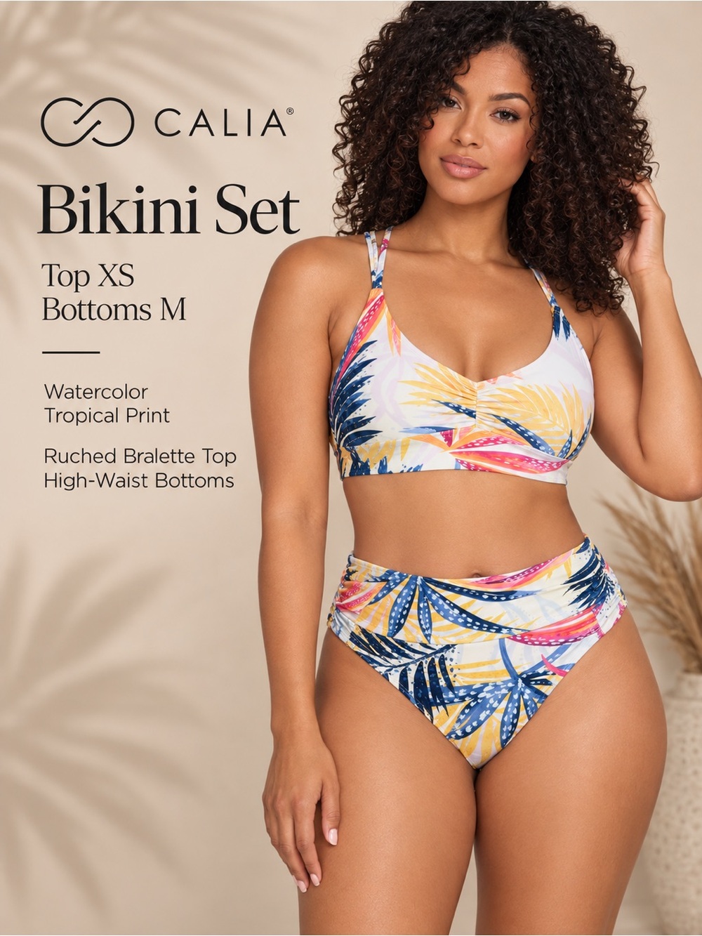 CALIA Watercolor Tropical Ruched Bralette High-Waist Bikini Set XS/M